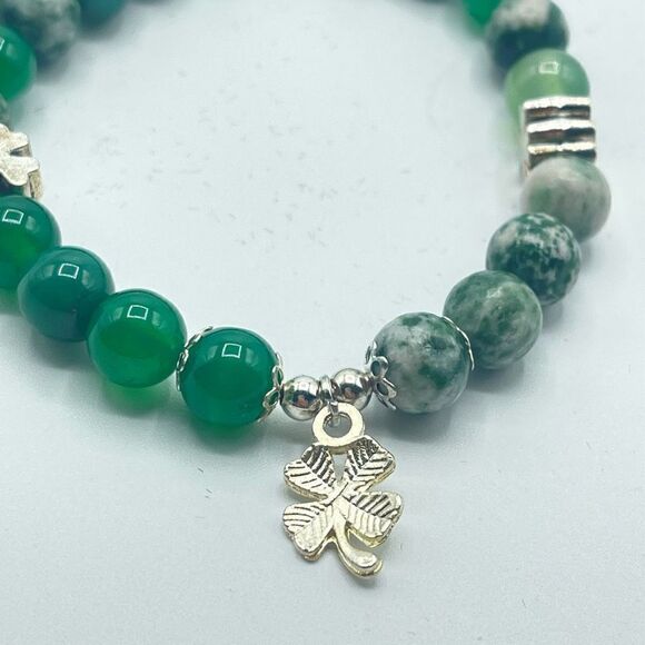 Lucky charm green aventurine tree agate beaded stretch bracelet ONE NEW Irish fo - Picture 4 of 8